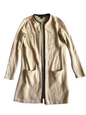 Ralph Lauren Women's Sz Medium Open Front Cardigan 100% Cashmere Leather Trim